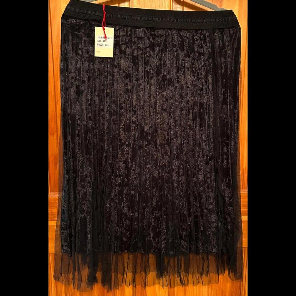 P66 New Raga Anthropologie Black Tulle Crushed Velvet Pleated Midi Skirt M